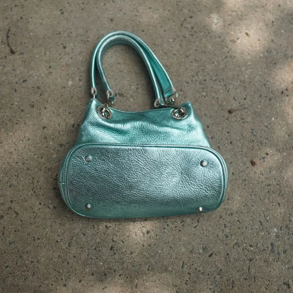 Arcadia Italy Metallic Turquoise Leather Grommet Shoulder Bag Y2K Vintage RARE